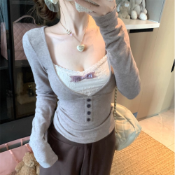 辣妹蕾丝拼接蝴蝶结加绒假两件长袖T恤女秋冬ins内搭修身显瘦上衣