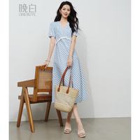 晚白 蓝白格纹蕾丝花边V领连衣裙