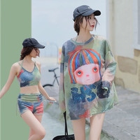 雁莎 泳衣女分体罩衫三件套遮肚显瘦时尚性感温泉度假游泳装 绿色 XL