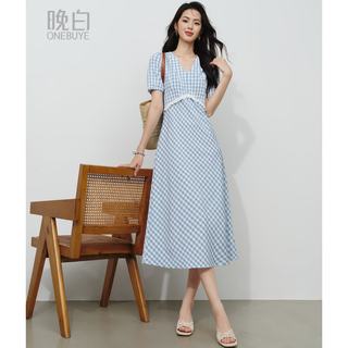 晚白 蓝白格纹蕾丝花边V领连衣裙 蓝色 L