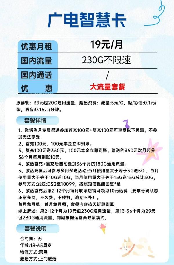 中国广电 智慧卡1年内19元230G全国流量不限速
