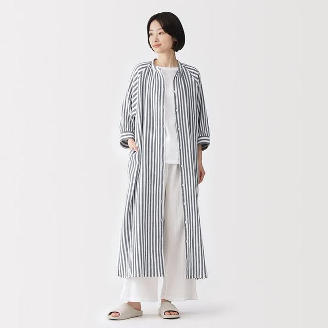 無印良品 MUJI FD1NWC6S 杨柳纱织纯棉 藏青色条纹 S 睡裙