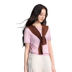 三彩 莫代尔精梳棉 圆领短袖针织衫 浅粉 XL
