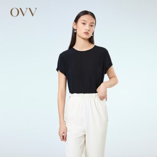 OVV 【鬼绉真丝】女士圆领短袖内搭上衣 黑色