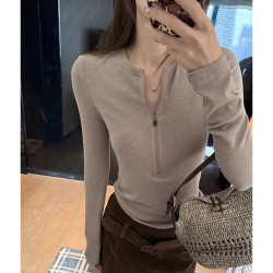 翰代维 半拉链修身长袖打底衫女秋冬加绒保暖韩系显瘦百搭T恤上衣