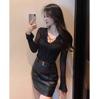 翰代维 辣妹镂空V领长袖T恤女修身显瘦御姐性感风系带气质百搭上衣