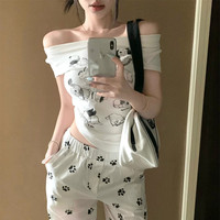 美式小众一衣多穿荡领上衣时尚精致卡通印花夏季爆款白色短袖T恤