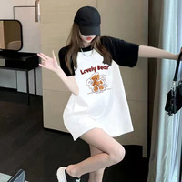 短袖撞色遮肉上衣服大版宽松洋气纯棉中长款t恤女士遮屁股打底衫