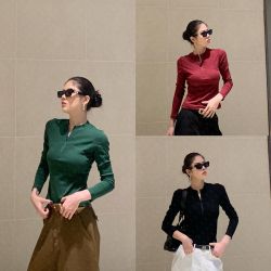 纯色正肩高弹力半拉链长袖棉T恤女修身显瘦透气舒适休闲上衣
