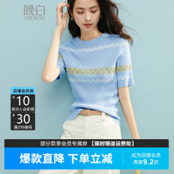 晚白 修身圆领短袖针织衫 蓝色 M