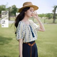 香影 花卉刺绣亚麻宽松泡泡袖女士衬衫