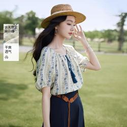 香影 花卉刺绣亚麻宽松泡泡袖女士衬衫