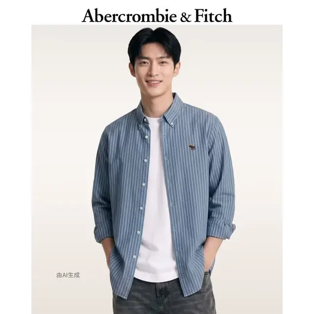 Abercrombie & Fitch 125-6044 小麋鹿图案 蓝色条纹 S 男士衬衫