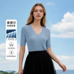 舒雅 天丝莱赛尔女士打底夏季V领短袖针织上衣