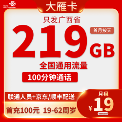 中国联通 广西卡 19元/月219G全国通用流量100分钟