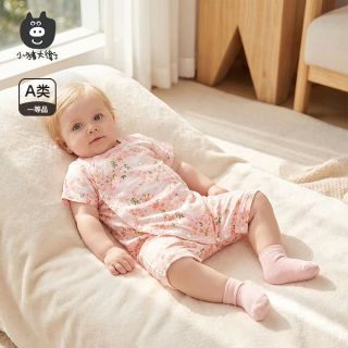 小猪大卫 新生儿连体衣夏季纯棉可爱短袖无骨爬服男女宝宝偏开哈衣