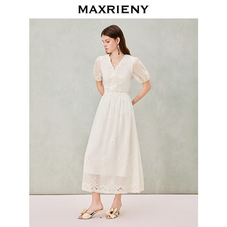 MAXRIENY 蕾丝收腰V领 米白 S 连衣裙