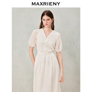 MAXRIENY 蕾丝收腰V领 米白 S 连衣裙