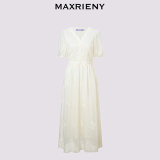 MAXRIENY 蕾丝收腰V领 米白 S 连衣裙