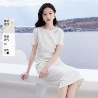 香影 小白裙子夏季女微胖遮肚子高腰抽褶短袖清纯初恋白月光裙