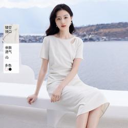 香影 小白裙子夏季女微胖遮肚子高腰抽褶短袖清纯初恋白月光裙