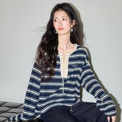 I.T CHOCOOLATE绑带设计条纹圆领长袖t恤春秋款宽松打底衫