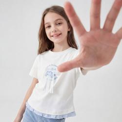 I.T it izzue格纹拼接木耳边可爱绣花图案短袖收腰儿童T恤女
