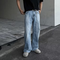 LEOSOXS 浅蓝垂感直筒宽松牛仔裤裤子夏季男水洗高街潮青少年流行