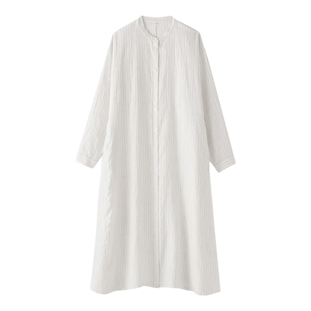 無印良品 MUJI 女式汉麻水洗长袖衬衫连衣裙 浅银灰色条纹 S码