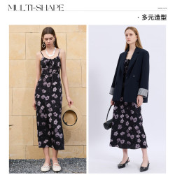 三彩 女士一字领花朵吊带连衣裙 2026春季新款
