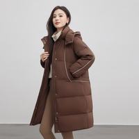 雪中飞 中长款羽绒服女百搭情侣羽绒服舒适连帽女士羽绒服鸭绒 咖色|7406-7004F XS 160/84A