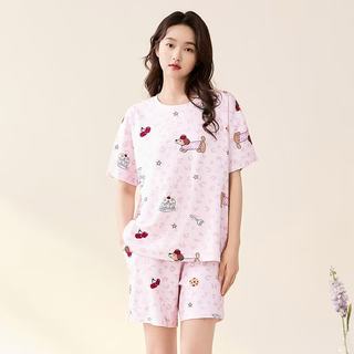 芬腾可安 100%纯棉圆领短袖家居服套装 萌粉 L
