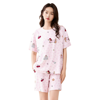 芬腾可安 100%纯棉圆领短袖家居服套装 萌粉 L
