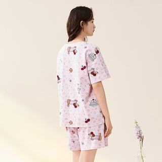 芬腾可安 100%纯棉圆领短袖家居服套装 萌粉 L