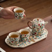 茉舟 汝窑金梅茶壶功夫茶具套装中式家用泡茶壶茶杯托盘送长辈领导礼物 金梅直身壶+2杯+汝窑托盘