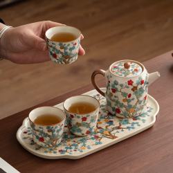 茉舟 汝窑金梅茶壶功夫茶具套装中式家用泡茶壶茶杯托盘送长辈领导礼物 金梅直身壶+2杯+汝窑托盘
