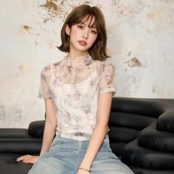 I.T CHOCOOLATE夏季透视网纱短袖t恤女气质上衣