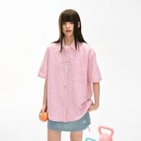 F426 国潮牌夏季趣味纽扣格子衬衫宽松休闲慵懒百搭男女同款情侣上衣