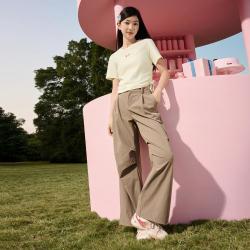 FILA 女装时尚休闲运动T恤女士圆领刺绣修身百搭侧抽绳针织短袖衫