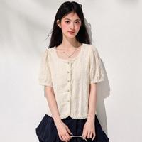 I.T CHOCOOLATE法式高级感方领绣花短袖衬衫温柔甜美女上衣