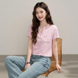 真维斯 夏日多巴胺彩色扣亨利领正肩短袖T恤女洋气减龄肌理感华夫格T恤