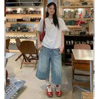真维斯 经典做旧水洗高腰七分阔腿牛仔裤女夏季宽松遮肉显瘦小个子中裤女
