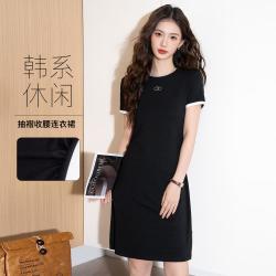 真维斯 撞色拼接圆领短袖连衣裙女褶皱收腰显瘦气质通勤纯欲韩系连衣裙女