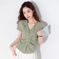 真维斯 夏季修身女款V领短袖T恤胸前褶皱设计感正肩上衣