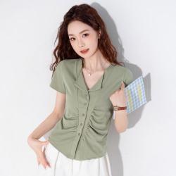 真维斯 夏季修身女款V领短袖T恤胸前褶皱设计感正肩上衣