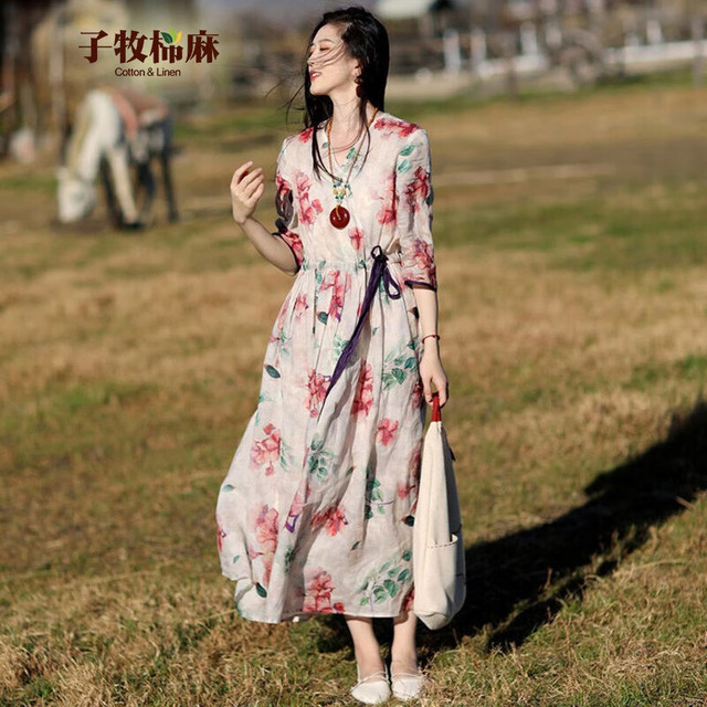 子牧棉麻 女士碎花连衣裙 Z24XH006388