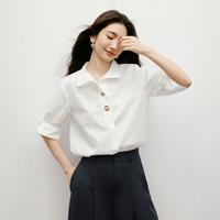 红袖 女士衬衫 2025秋季异形金属扣捏褶半开襟落肩翻领套头上衣