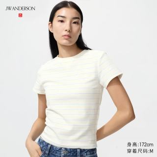 优衣库 484266 圆领条纹短袖T恤 杏黄色 XS