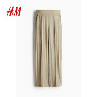 H&M 女装裤子夏季烫折线松紧高腰灰色休闲通勤气质阔腿西裤1091186