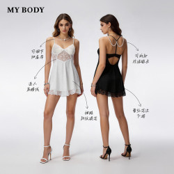 MY BODY MYBODY夏季新款睡裙性感蕾丝繁花豹纹提花小蛮腰吊带裙女